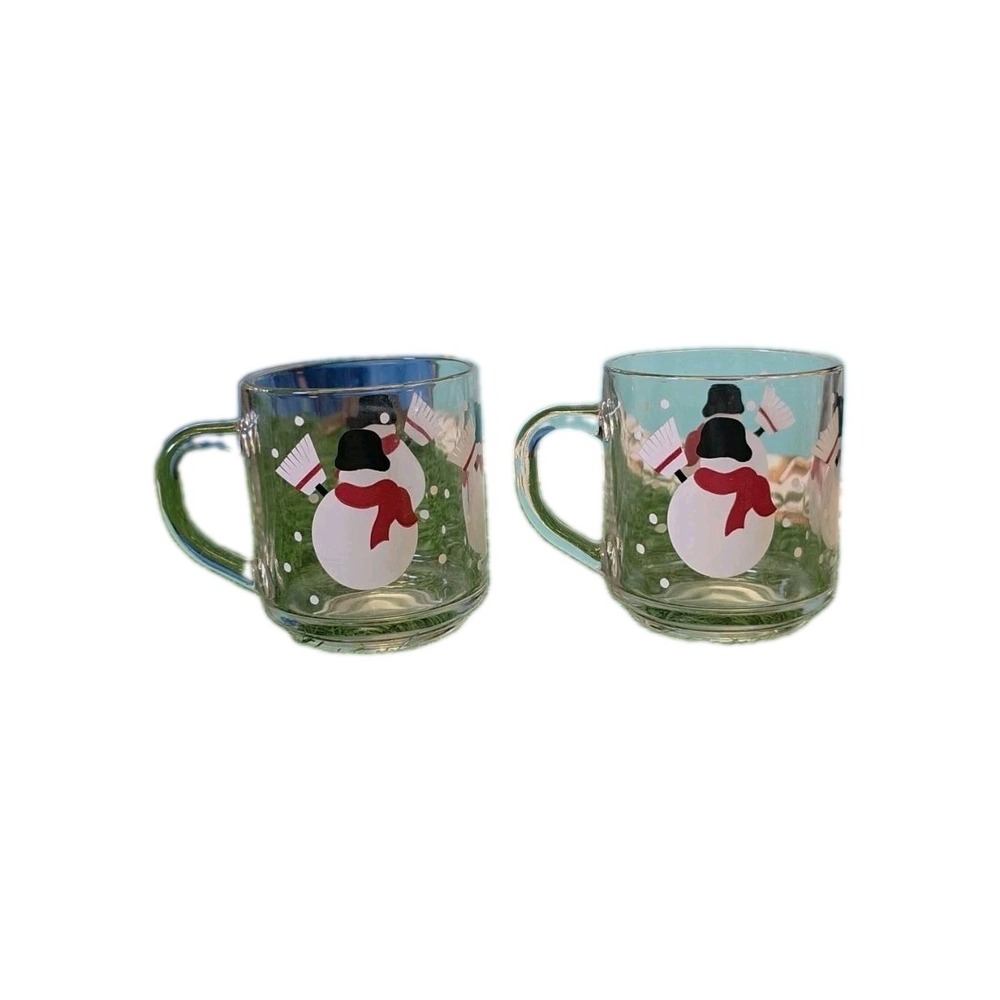 Vintage Crate & Barrel Set Of 2 Luminarc Glass Snowman Mugs Holiday Winter